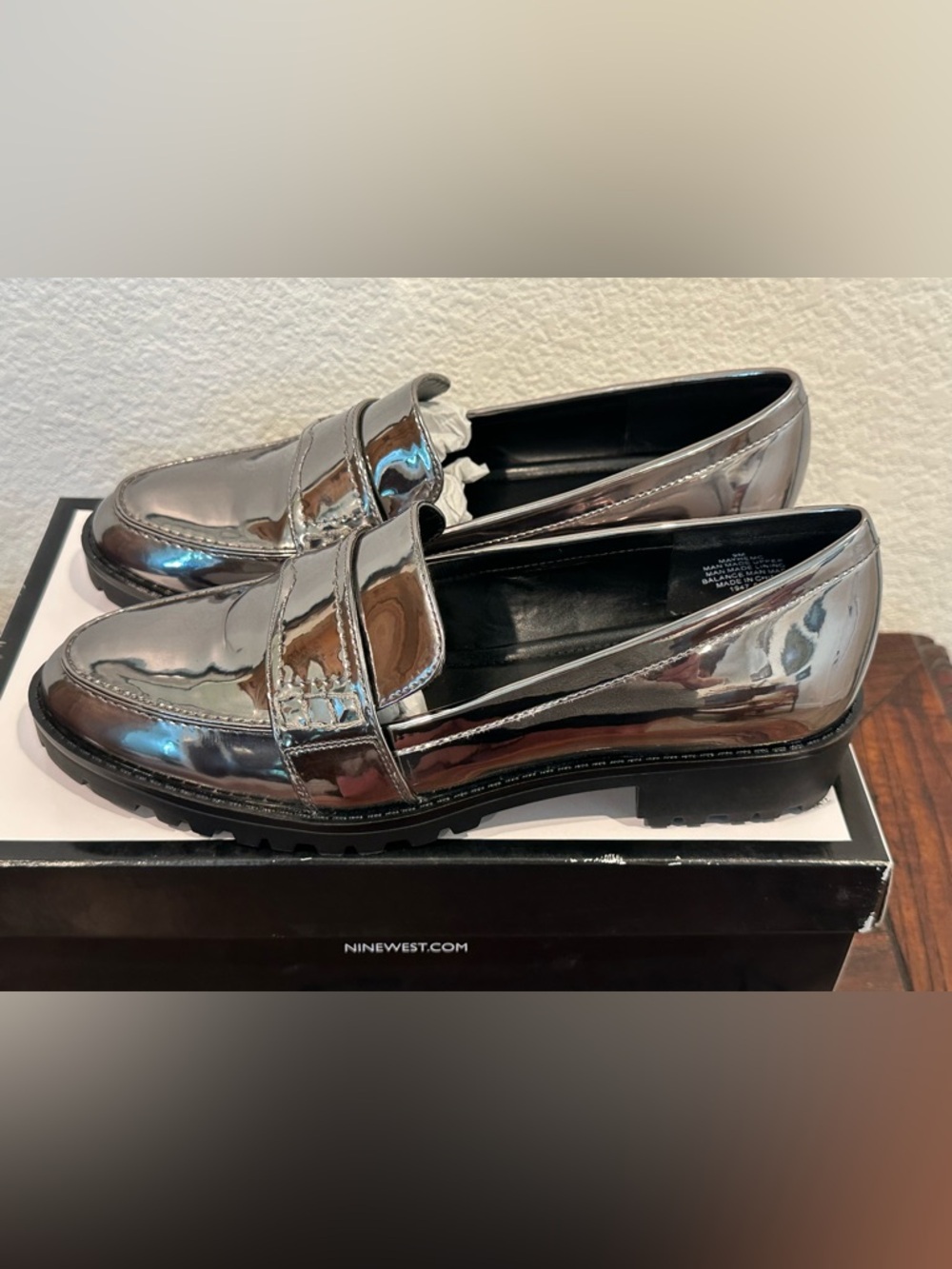 BNIB Nine West Women’s Metallic Pewter Slip-On Loafers